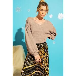 182. Taupe Waffle Knit Puff Sleeves V Neck Top